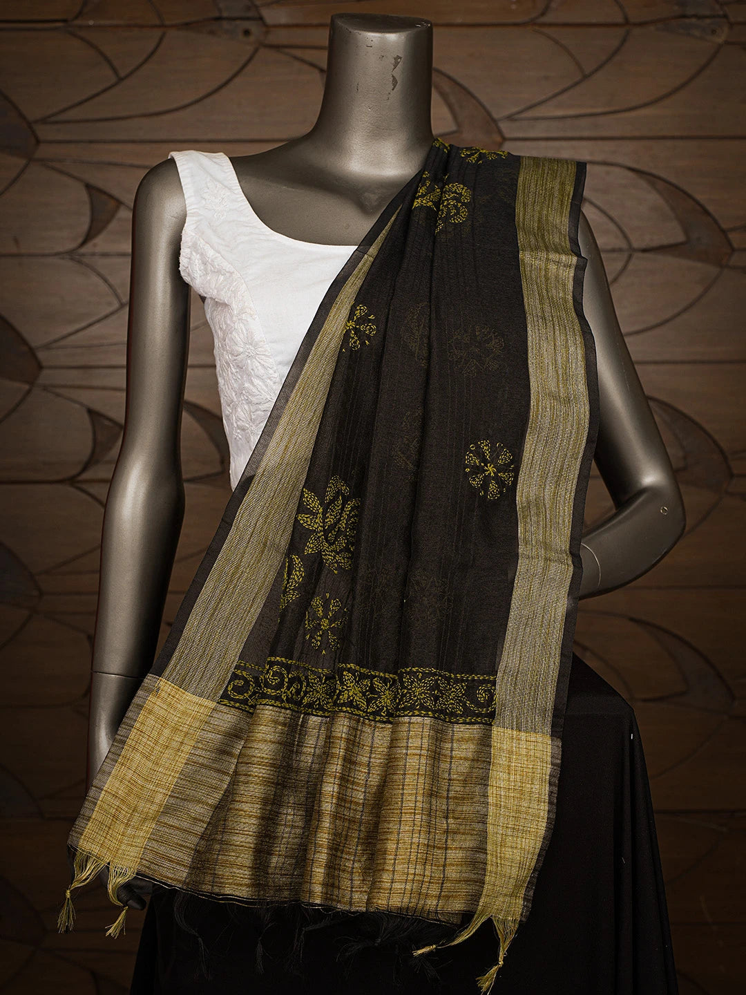 Ada Hand Embroidered Black Chanderi Lucknowi Chikankari Dupatta 01A774296