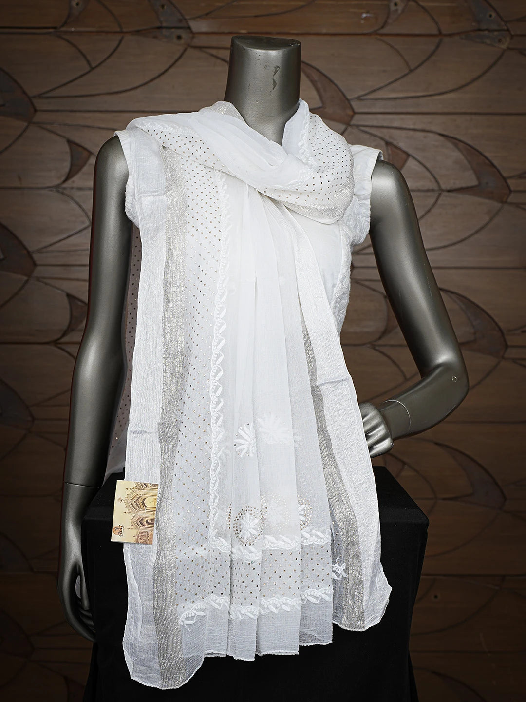 Ada Hand Embroidered White Chiffon Lucknowi Chikankari Dupatta With Mukaish Work 01A731188
