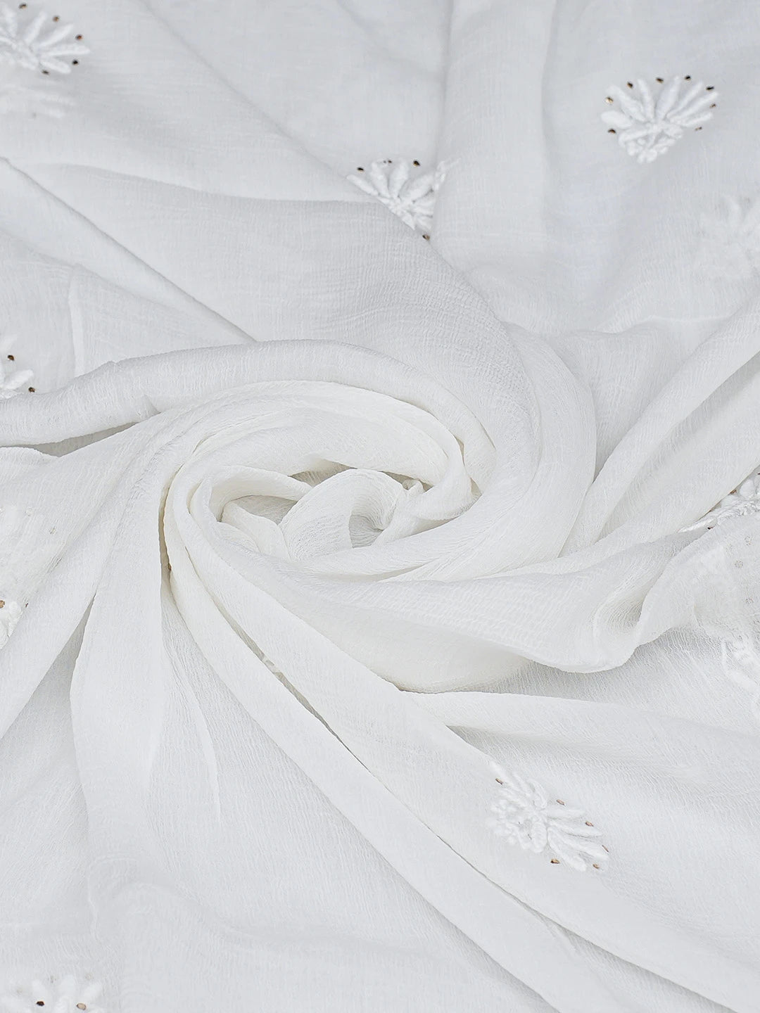 Ada Hand Embroidered White Chiffon Lucknowi Chikankari Dupatta With Mukaish Work 01A731188