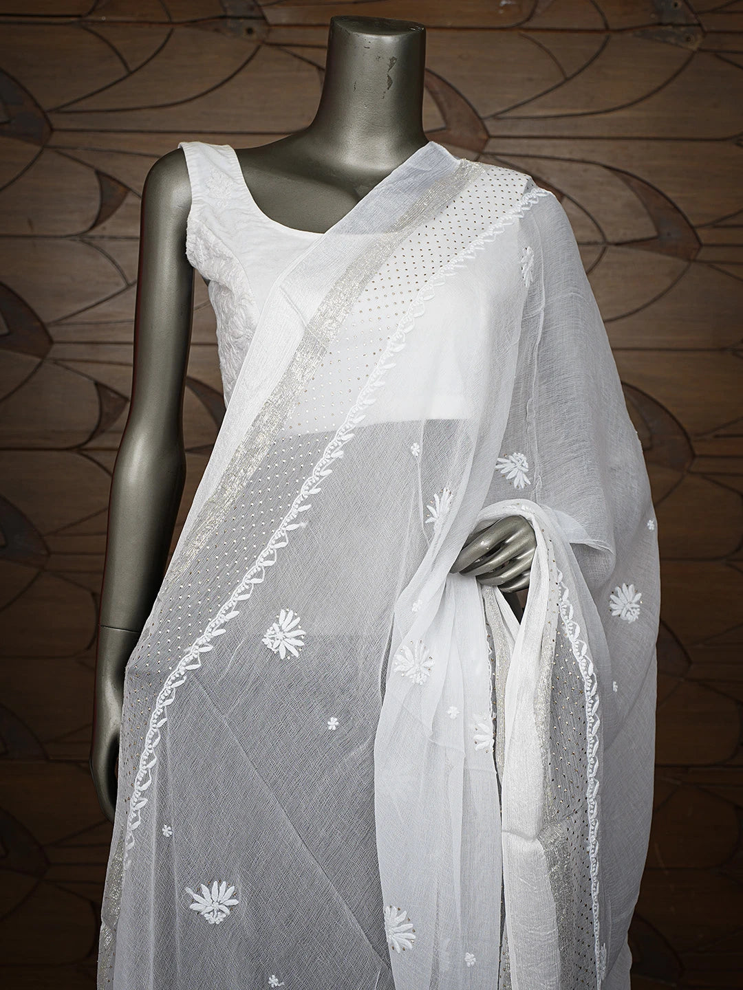 Ada Hand Embroidered White Chiffon Lucknowi Chikankari Dupatta With Mukaish Work 01A731188