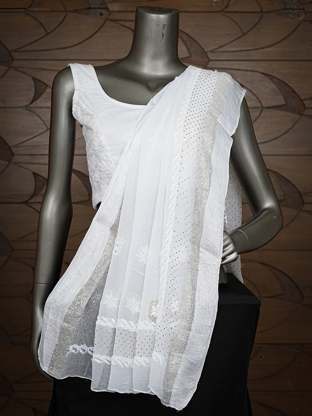 Ada Hand Embroidered White Chiffon Lucknowi Chikankari Dupatta With Mukaish Work 01A731188