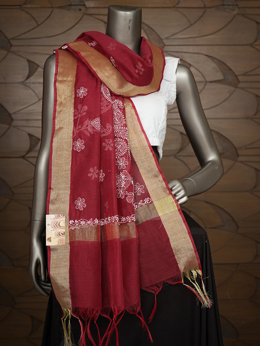 Ada Hand Embroidered Maroon Chanderi Lucknowi Chikankari Dupatta 01A778535