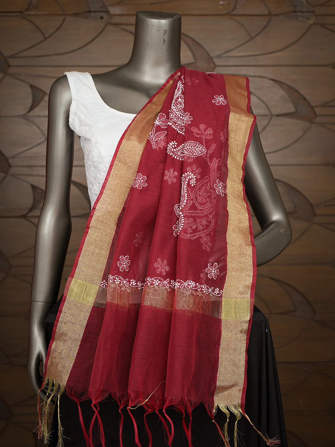 Ada Hand Embroidered Maroon Chanderi Lucknowi Chikankari Dupatta 01A778535