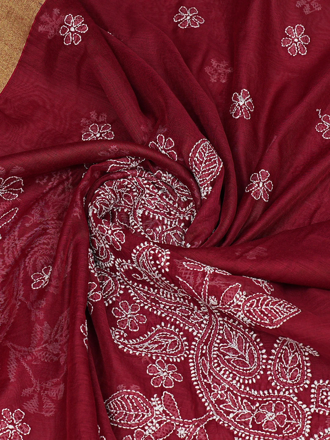 Ada Hand Embroidered Maroon Chanderi Lucknowi Chikankari Dupatta 01A778535
