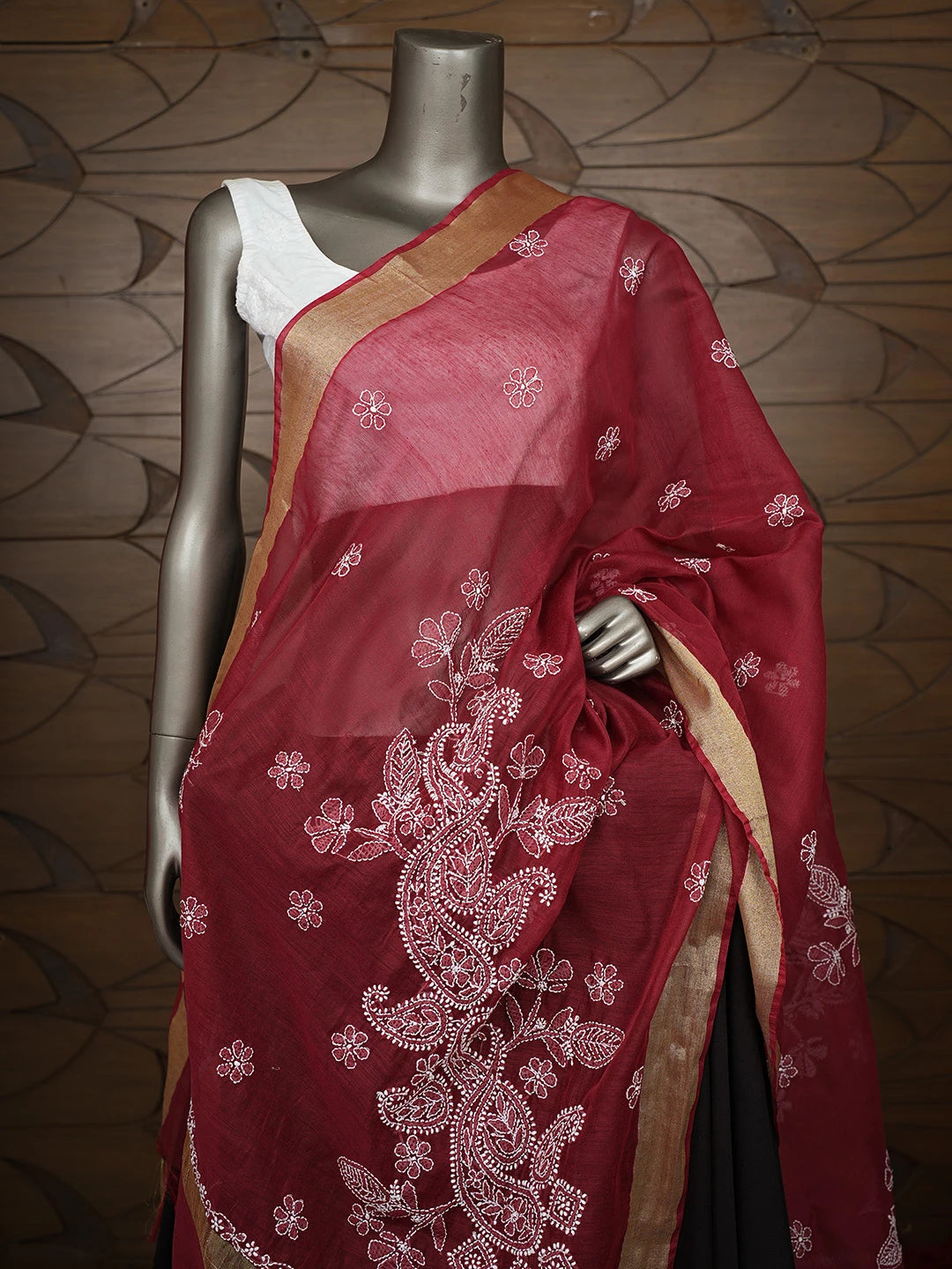 Ada Hand Embroidered Maroon Chanderi Lucknowi Chikankari Dupatta 01A778535