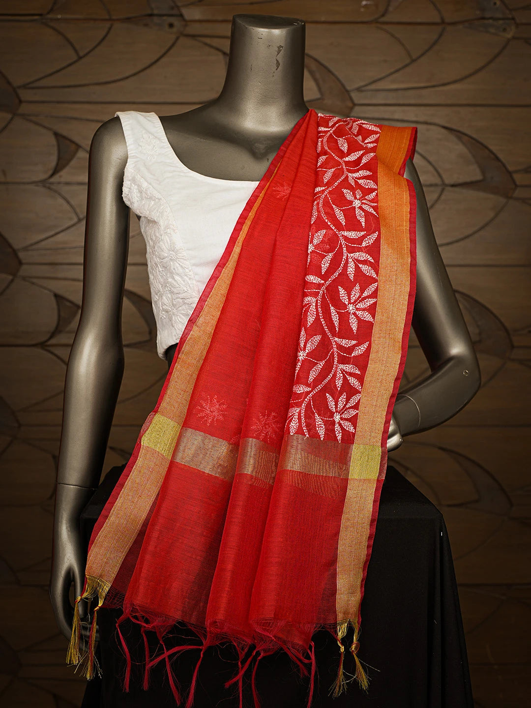 Ada Hand Embroidered Red Chanderi Lucknowi Chikankari Dupatta 01A752139