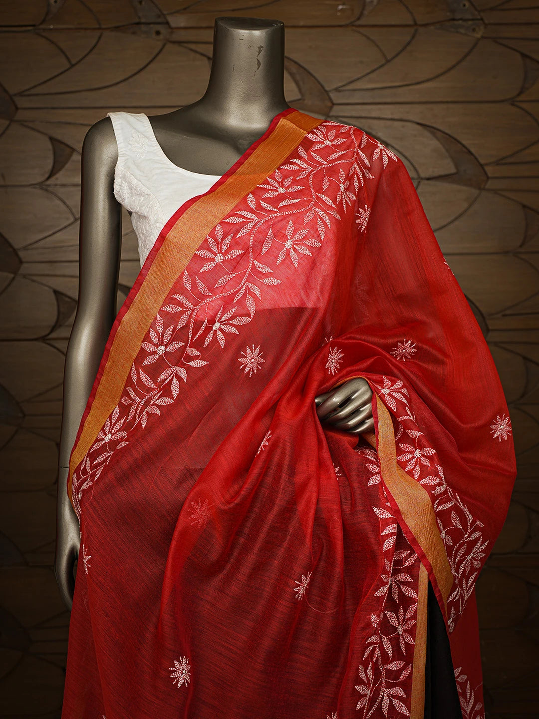 Ada Hand Embroidered Red Chanderi Lucknowi Chikankari Dupatta 01A752139