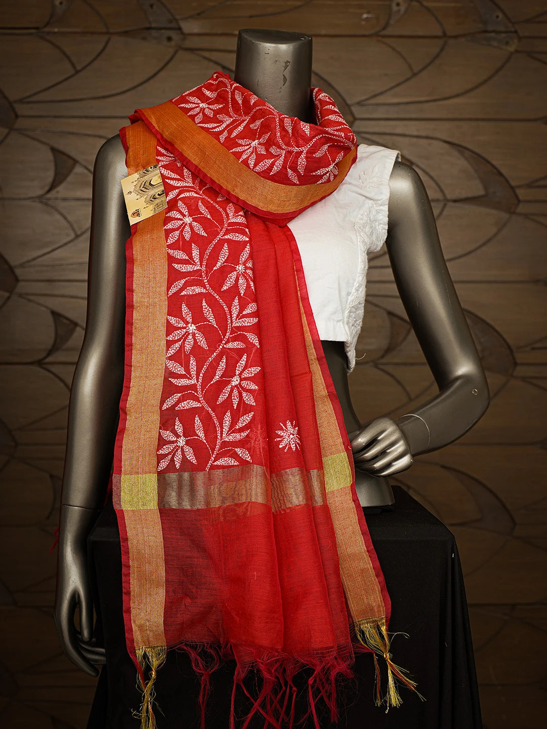 Ada Hand Embroidered Red Chanderi Lucknowi Chikankari Dupatta 01A752139