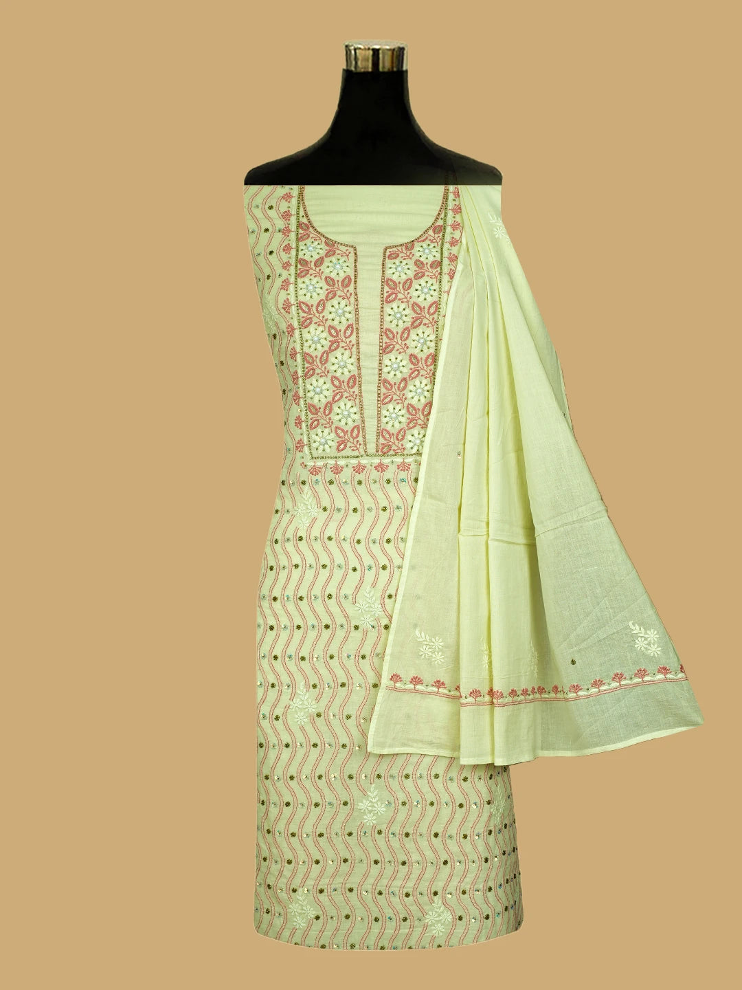 Ada Hand Embroidered Canary Yellow Cotton Lucknowi Chikankari Unstitched Kurta Dupatta Set With Pearl Work 01A526014
