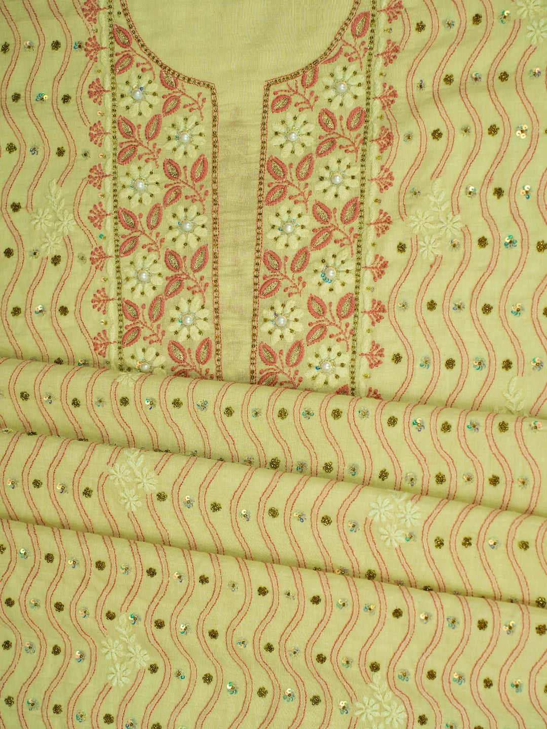 Ada Hand Embroidered Canary Yellow Cotton Lucknowi Chikankari Unstitched Kurta Dupatta Set With Pearl Work 01A526014