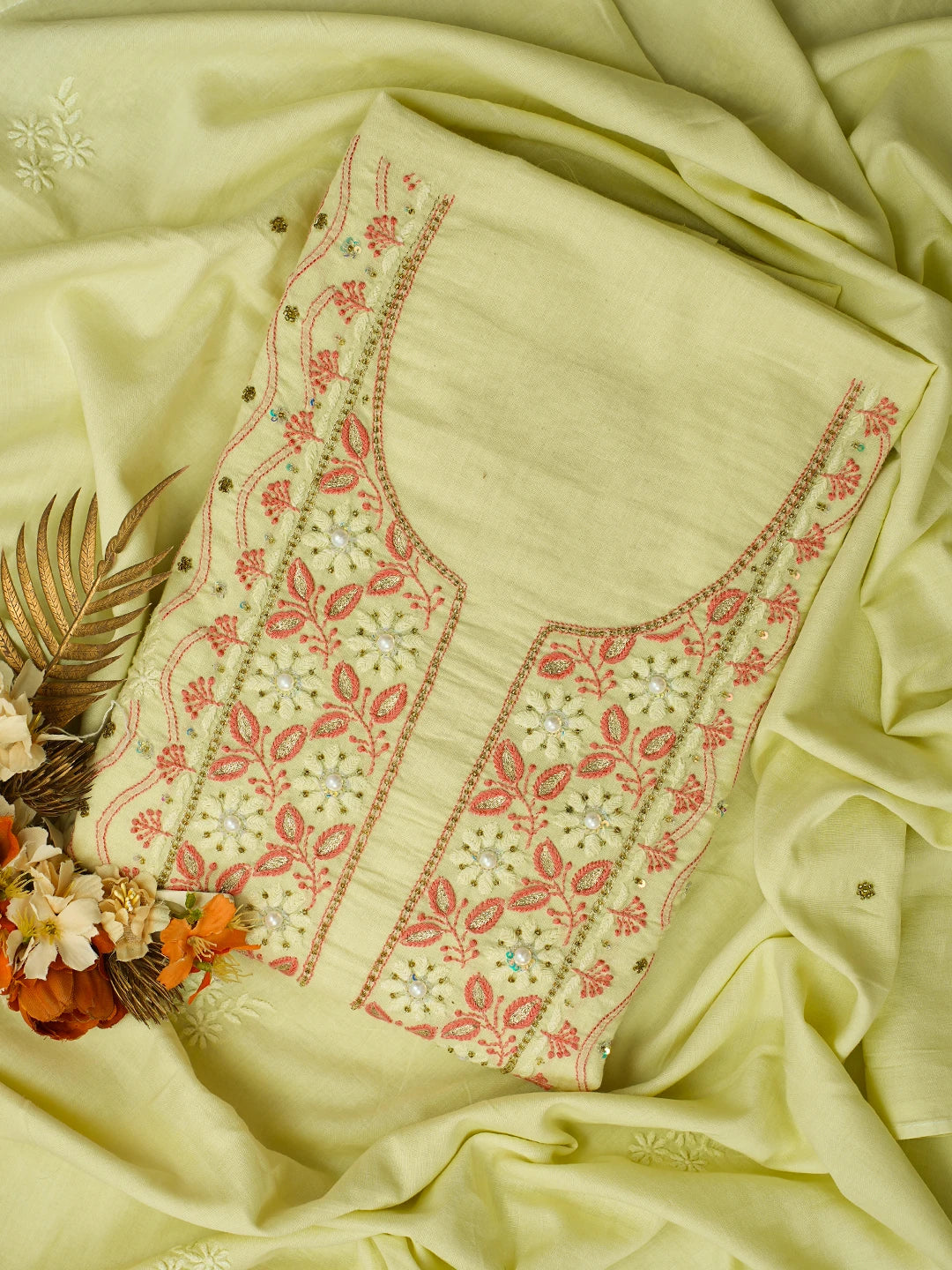 Ada Hand Embroidered Canary Yellow Cotton Lucknowi Chikankari Unstitched Kurta Dupatta Set With Pearl Work 01A526014