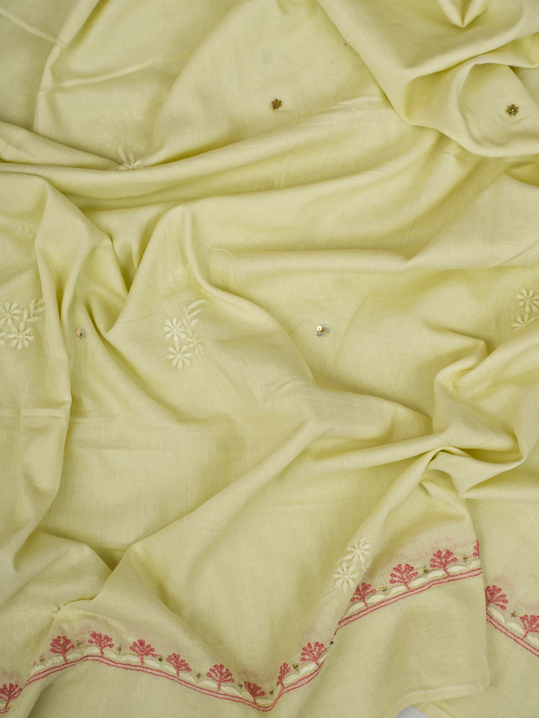 Ada Hand Embroidered Canary Yellow Cotton Lucknowi Chikankari Unstitched Kurta Dupatta Set With Pearl Work 01A526014