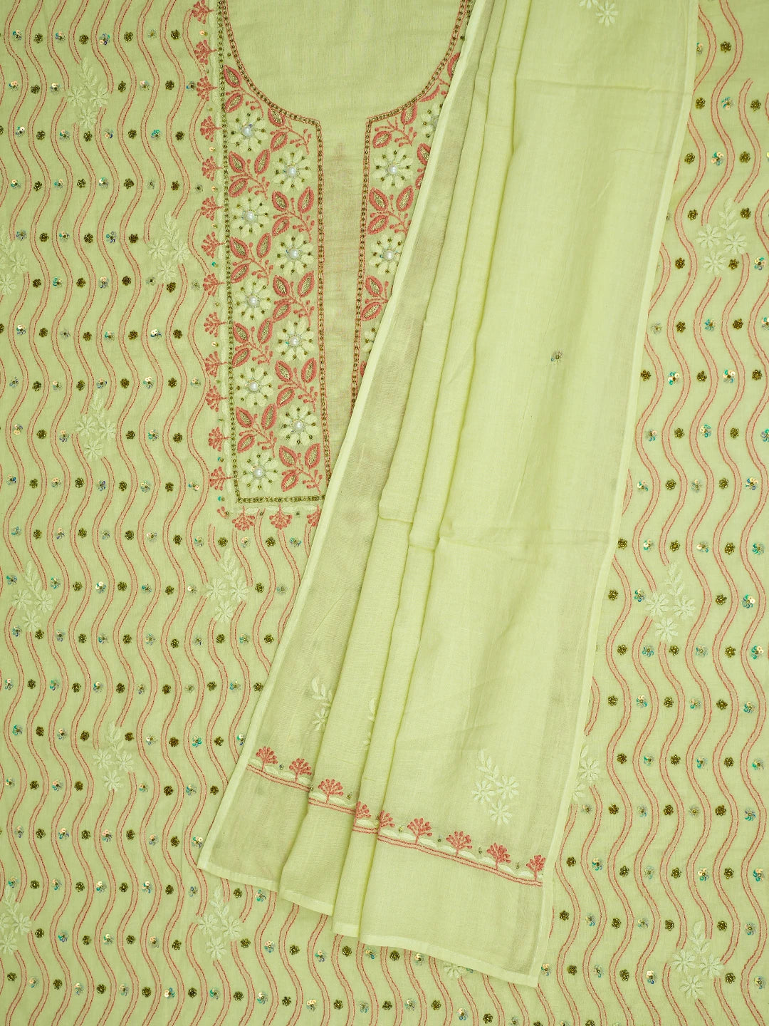 Ada Hand Embroidered Canary Yellow Cotton Lucknowi Chikankari Unstitched Kurta Dupatta Set With Pearl Work 01A526014