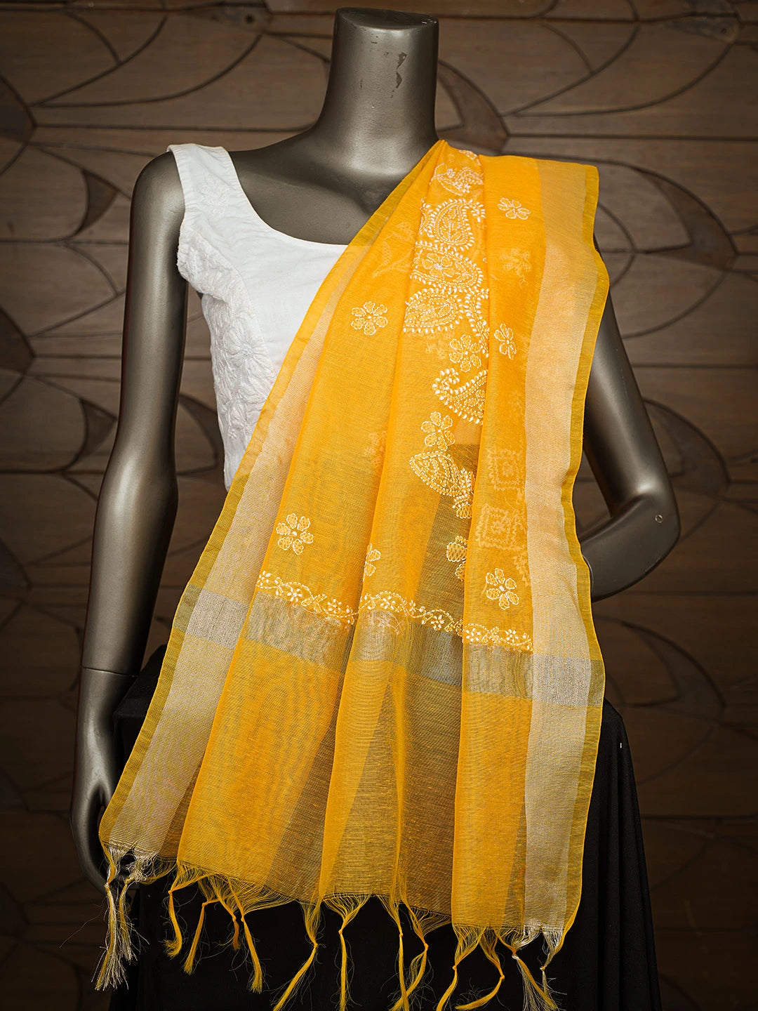 Ada Hand Embroidered Yellow Chanderi Lucknowi Chikankari Dupatta 01A774305