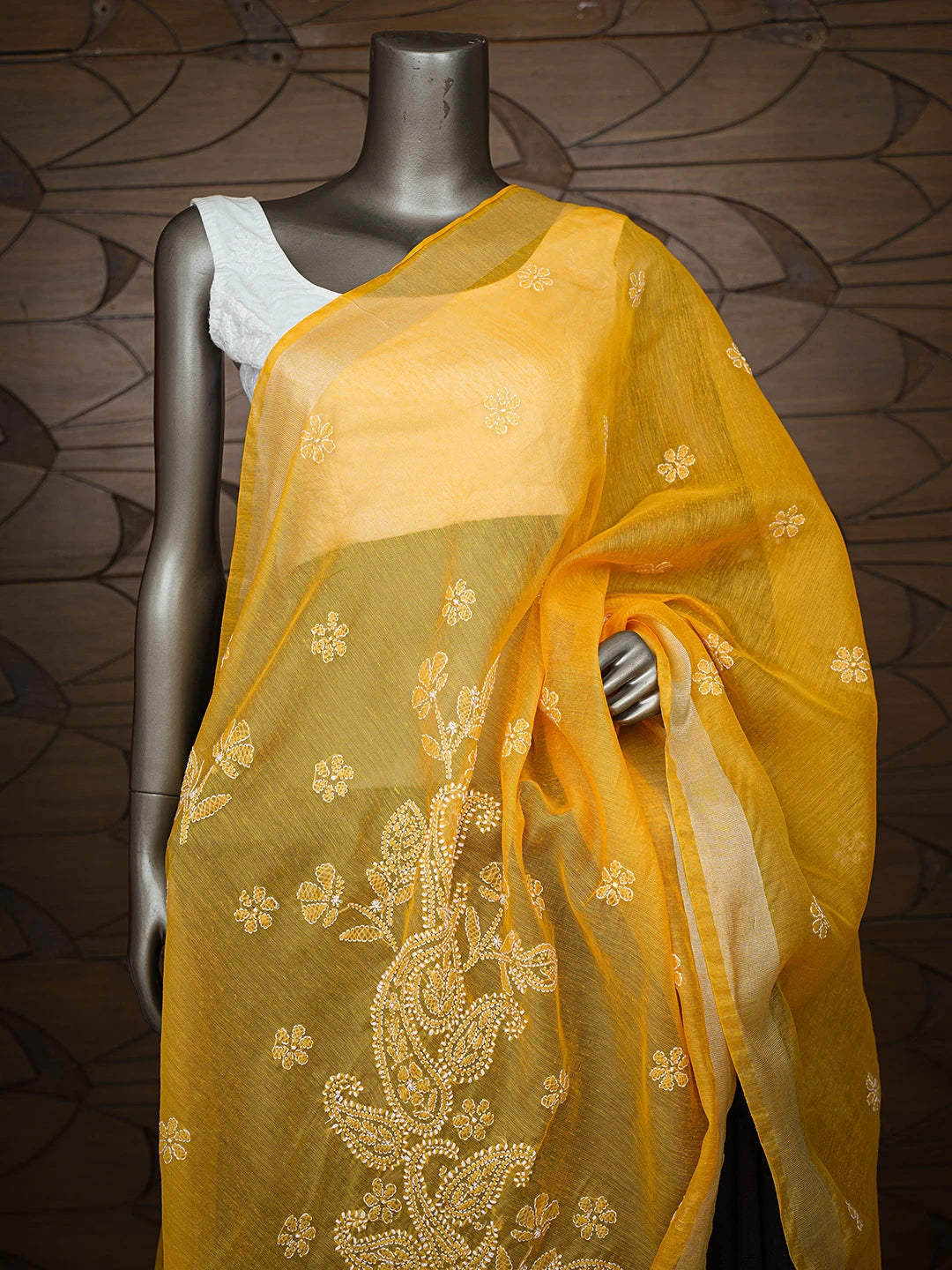 Ada Hand Embroidered Yellow Chanderi Lucknowi Chikankari Dupatta 01A774305
