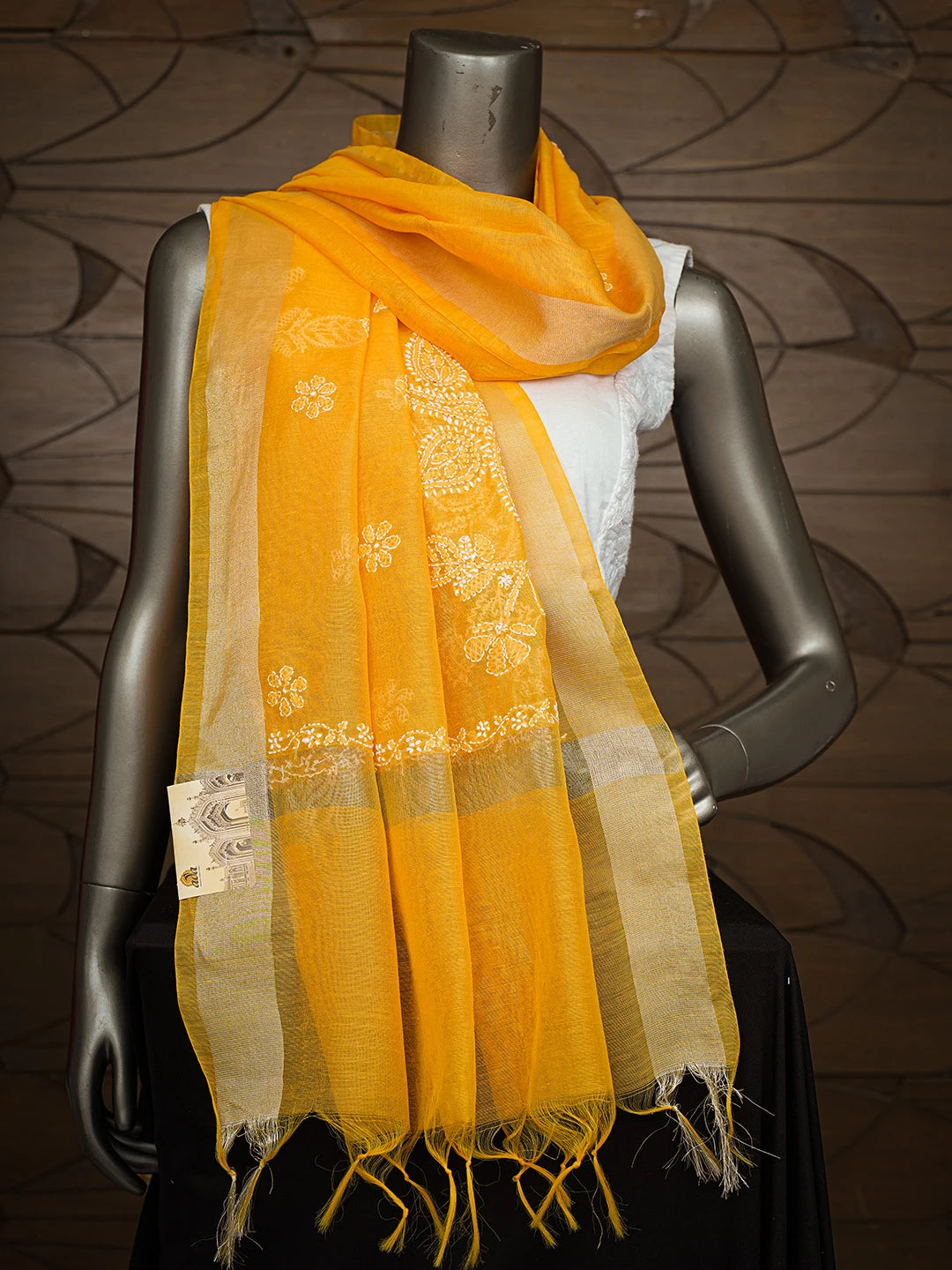 Ada Hand Embroidered Yellow Chanderi Lucknowi Chikankari Dupatta 01A774305
