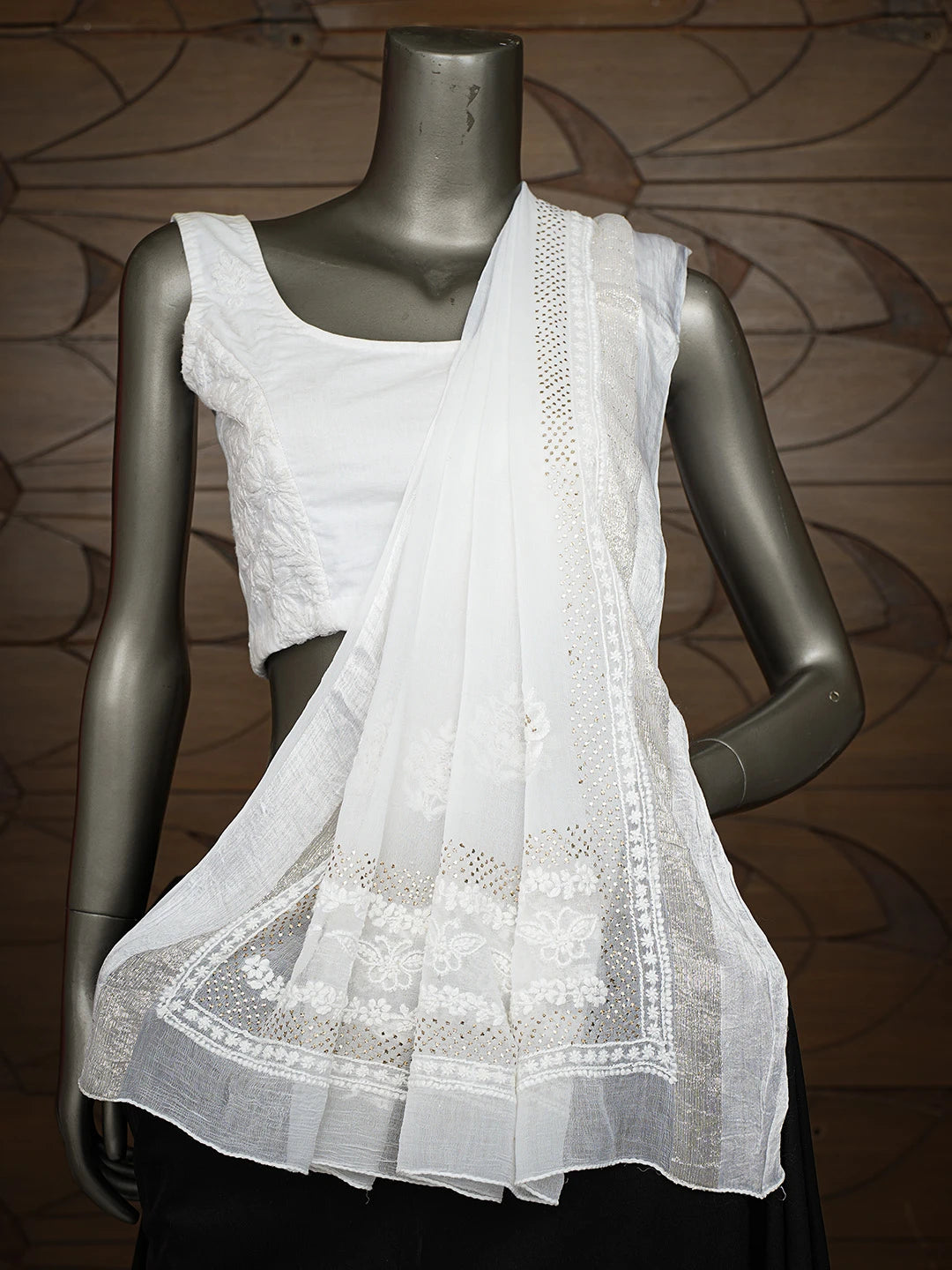 Ada Hand Embroidered White Chiffon Lucknowi Chikankari Dupatta With Muqaish Work 01A550212