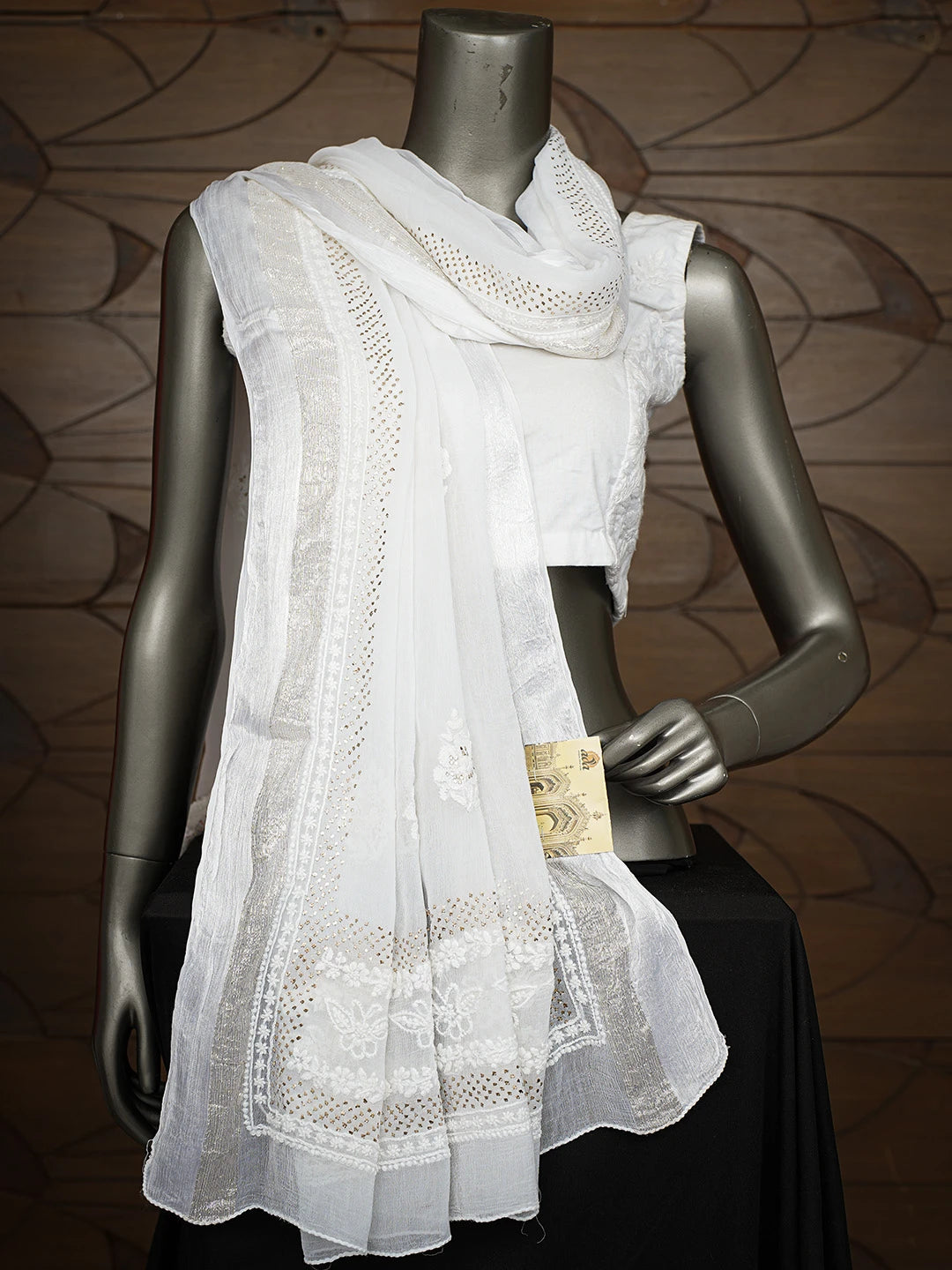 Ada Hand Embroidered White Chiffon Lucknowi Chikankari Dupatta With Muqaish Work 01A550212