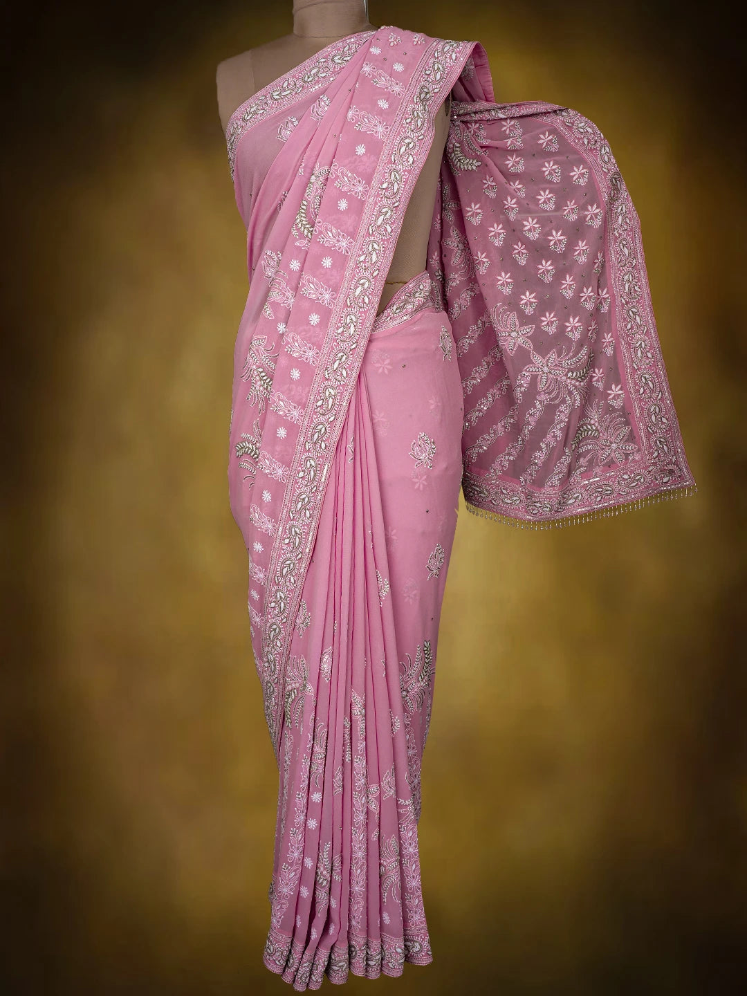 Ada Hand Embroidered Carnation Pink Pure Georgette Lucknowi Chikankari Saree/Blouse With Cutdana Work 01A690064