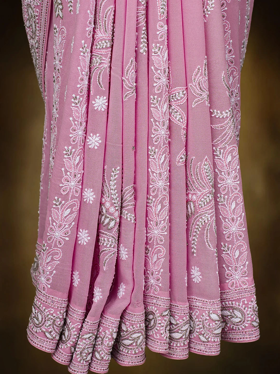 Ada Hand Embroidered Carnation Pink Pure Georgette Lucknowi Chikankari Saree/Blouse With Cutdana Work 01A690064