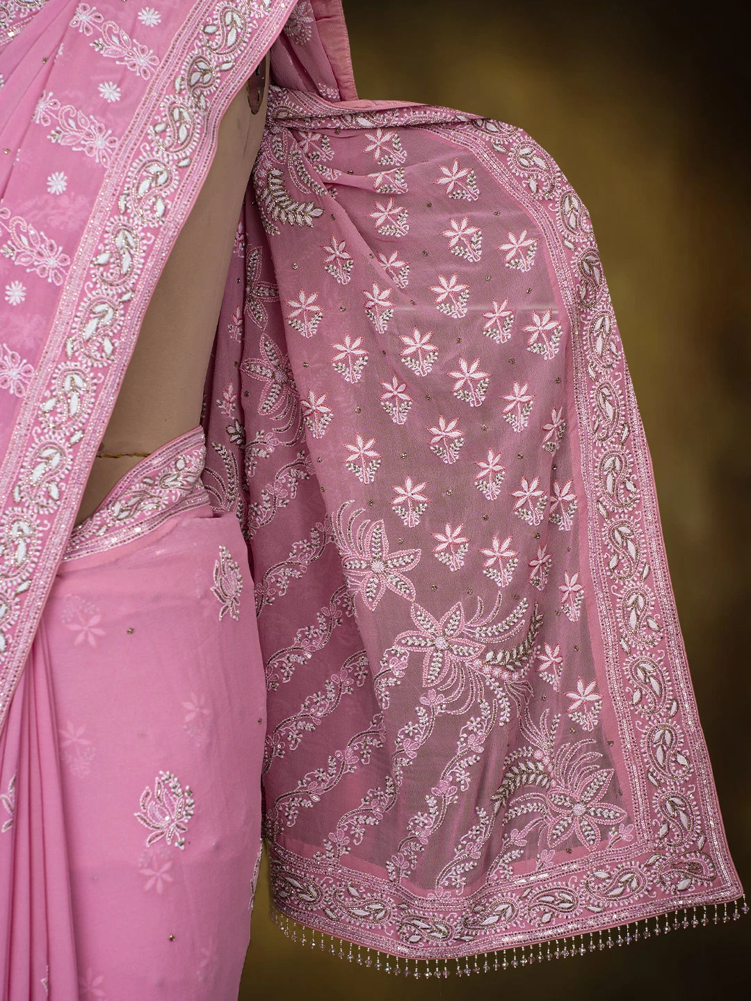 Ada Hand Embroidered Carnation Pink Pure Georgette Lucknowi Chikankari Saree/Blouse With Cutdana Work 01A690064