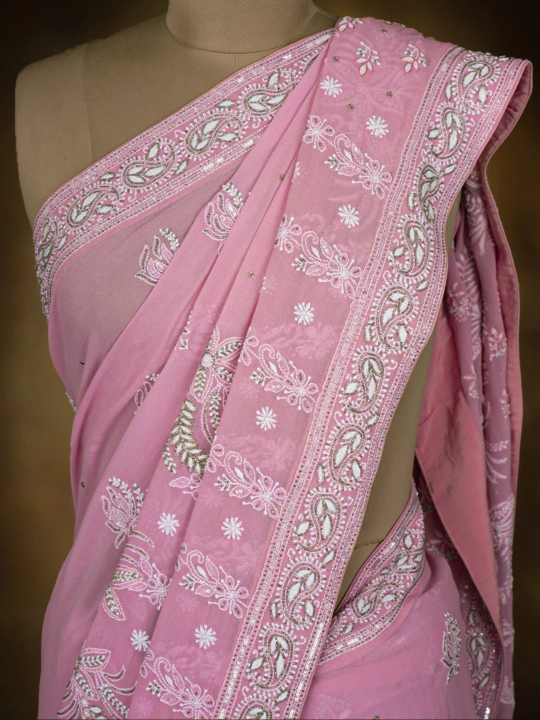 Ada Hand Embroidered Carnation Pink Pure Georgette Lucknowi Chikankari Saree/Blouse With Cutdana Work 01A690064