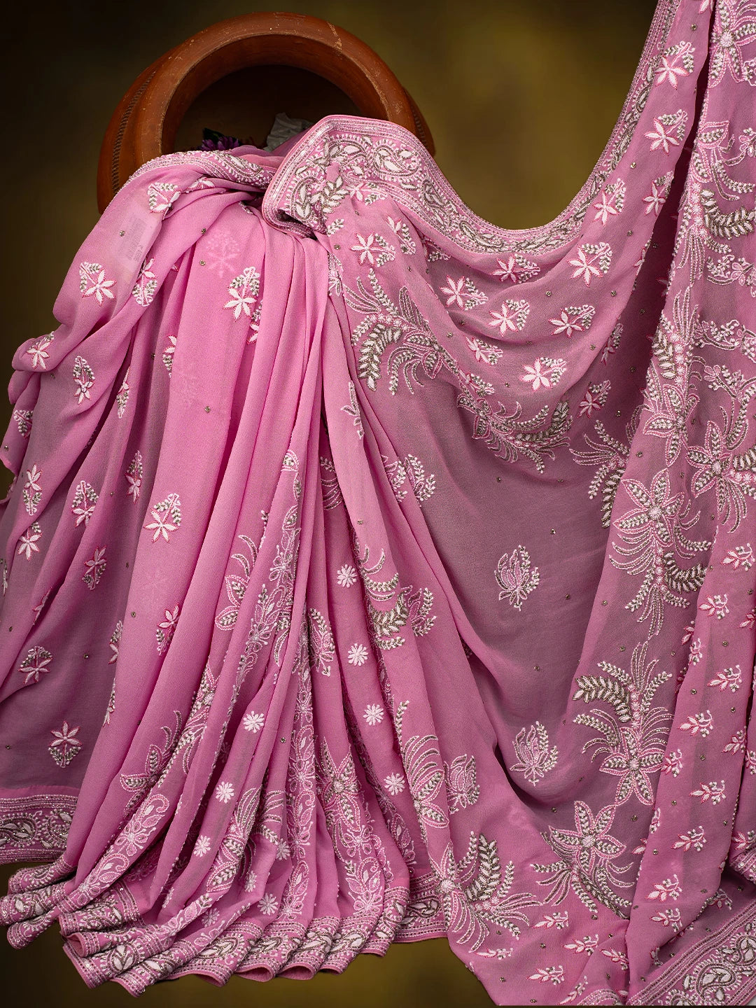 Ada Hand Embroidered Carnation Pink Pure Georgette Lucknowi Chikankari Saree/Blouse With Cutdana Work 01A690064