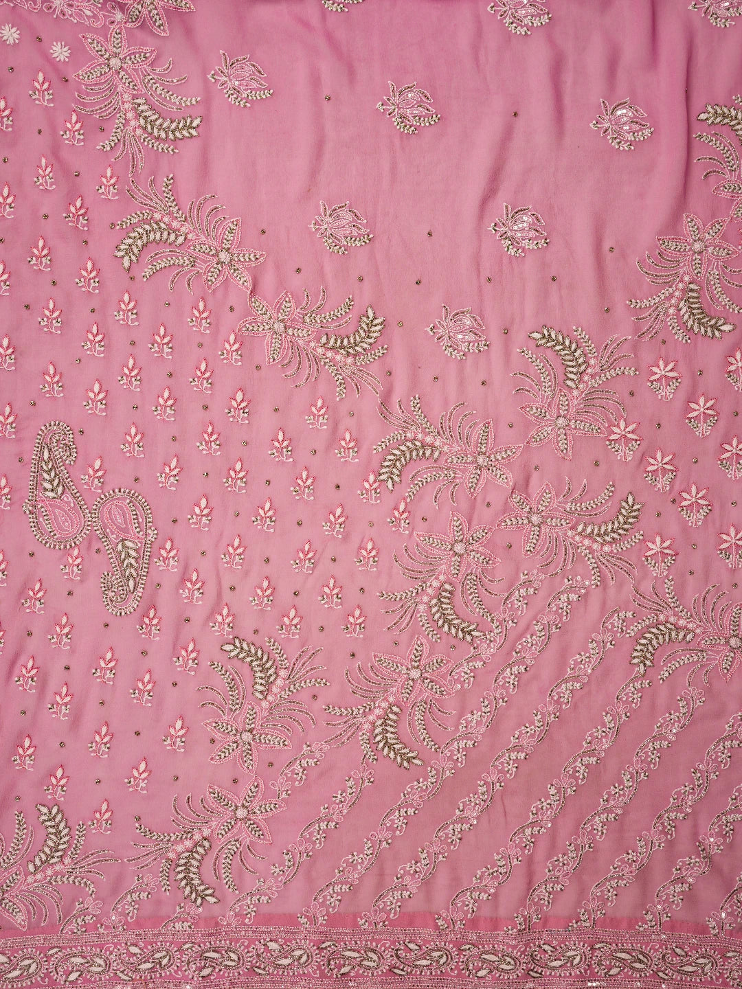 Ada Hand Embroidered Carnation Pink Pure Georgette Lucknowi Chikankari Saree/Blouse With Cutdana Work 01A690064