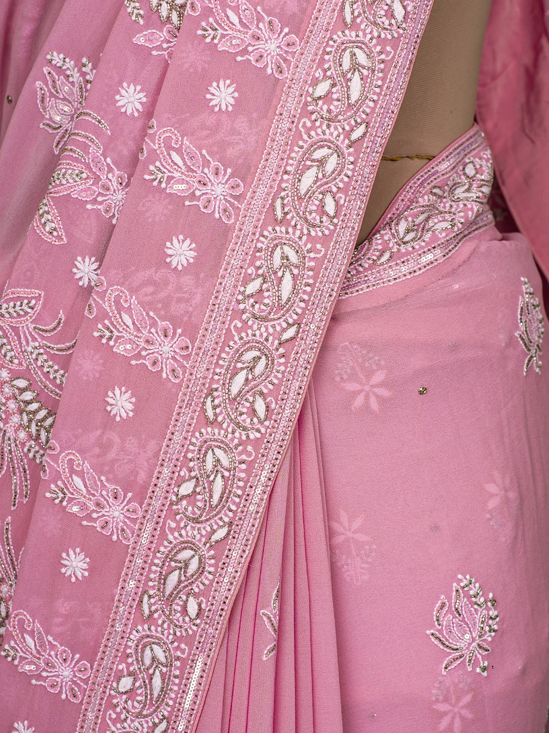 Ada Hand Embroidered Carnation Pink Pure Georgette Lucknowi Chikankari Saree/Blouse With Cutdana Work 01A690064