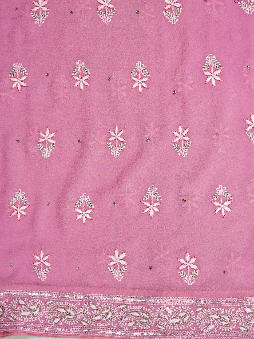 Ada Hand Embroidered Carnation Pink Pure Georgette Lucknowi Chikankari Saree/Blouse With Cutdana Work 01A690064