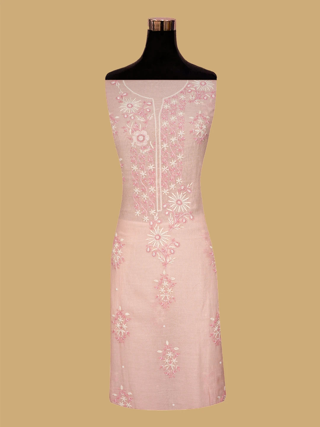 Ada Hand Embroidered Light Peach Chanderi Lucknowi Chikankari Unstitched Kurta Dupatta Set With Pearl Work 01A674687