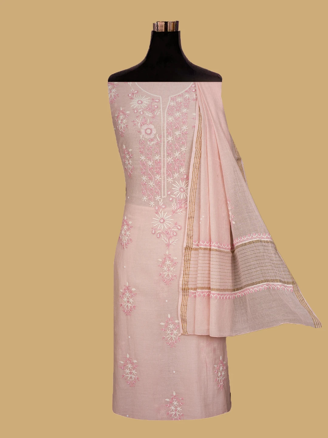 Ada Hand Embroidered Light Peach Chanderi Lucknowi Chikankari Unstitched Kurta Dupatta Set With Pearl Work 01A674687