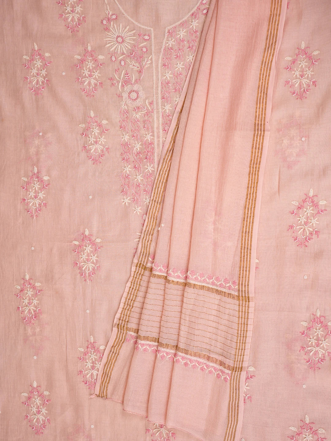 Ada Hand Embroidered Light Peach Chanderi Lucknowi Chikankari Unstitched Kurta Dupatta Set With Pearl Work 01A674687