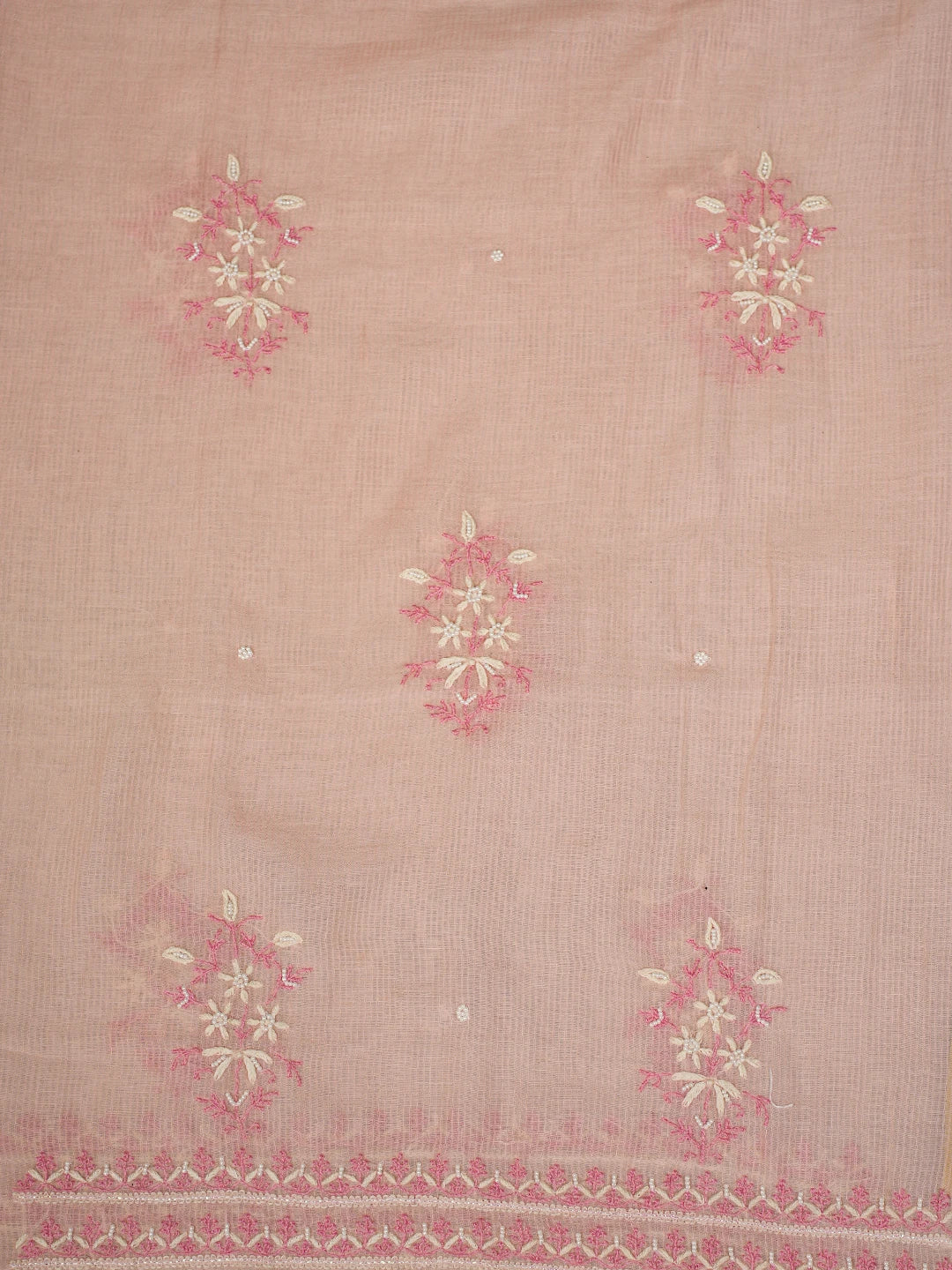 Ada Hand Embroidered Light Peach Chanderi Lucknowi Chikankari Unstitched Kurta Dupatta Set With Pearl Work 01A674687