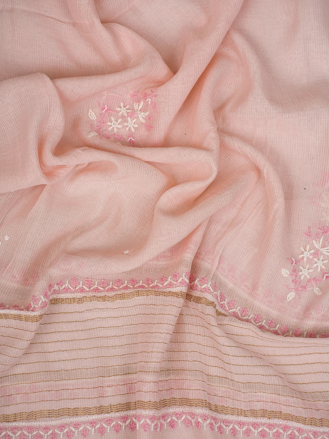 Ada Hand Embroidered Light Peach Chanderi Lucknowi Chikankari Unstitched Kurta Dupatta Set With Pearl Work 01A674687