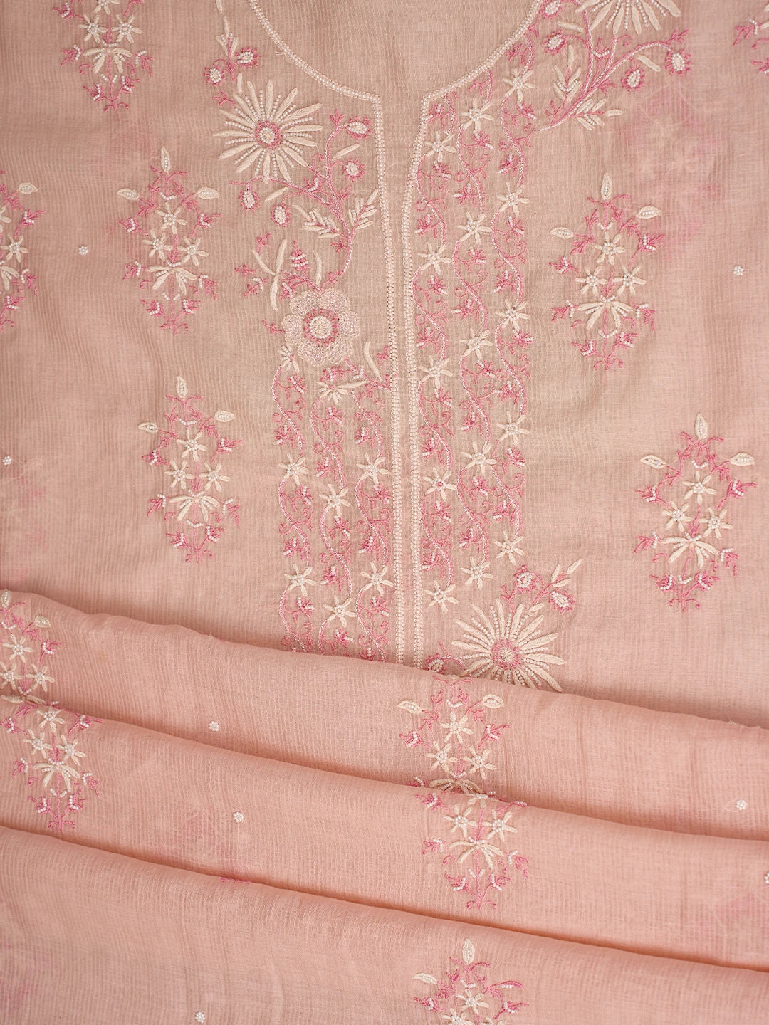 Ada Hand Embroidered Light Peach Chanderi Lucknowi Chikankari Unstitched Kurta Dupatta Set With Pearl Work 01A674687