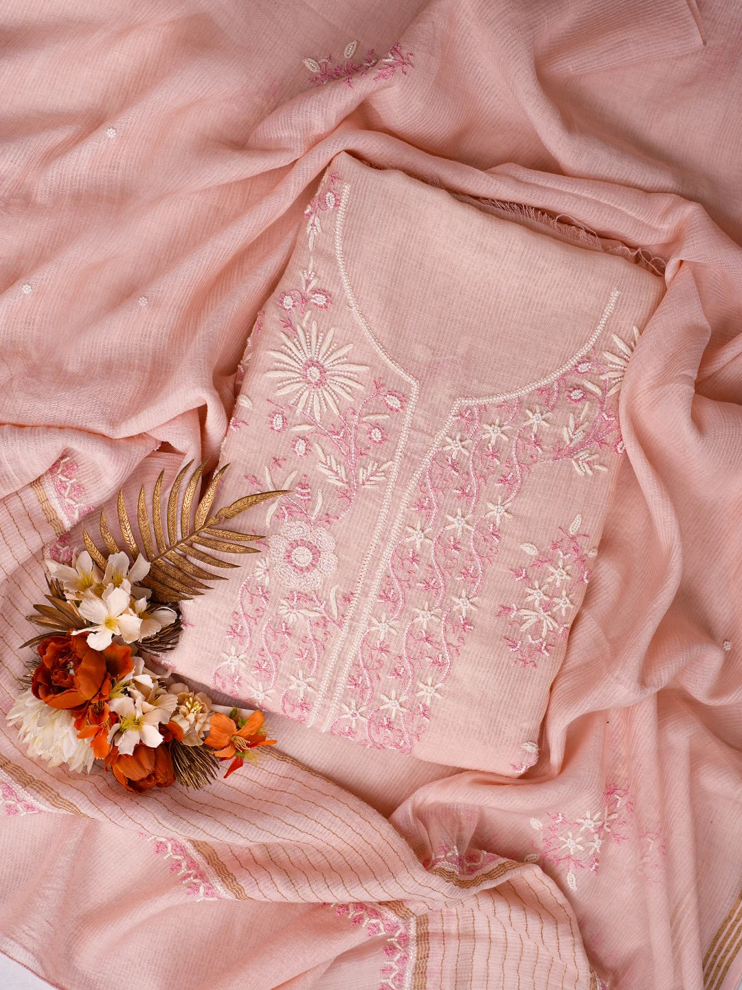 Ada Hand Embroidered Light Peach Chanderi Lucknowi Chikankari Unstitched Kurta Dupatta Set With Pearl Work 01A674687