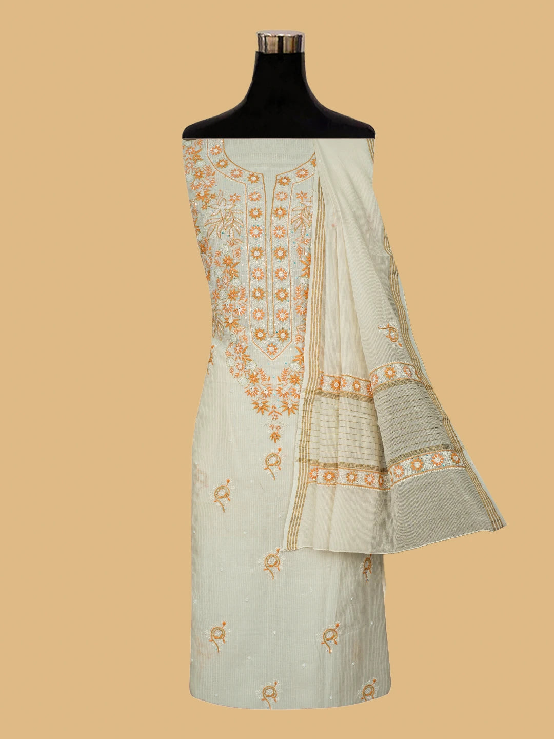Ada Hand Embroidered Ivory White Chanderi Lucknowi Chikankari Unstitched Kurta Dupatta Set With Sequinned Work 01A752467