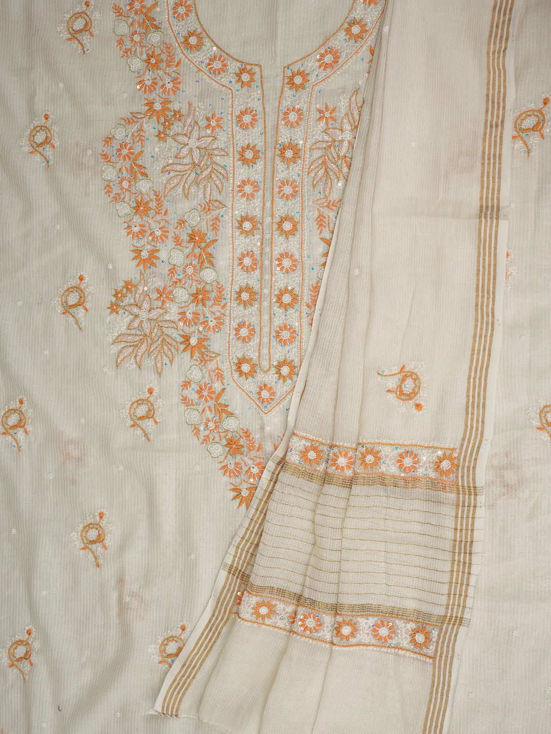 Ada Hand Embroidered Ivory White Chanderi Lucknowi Chikankari Unstitched Kurta Dupatta Set With Sequinned Work 01A752467