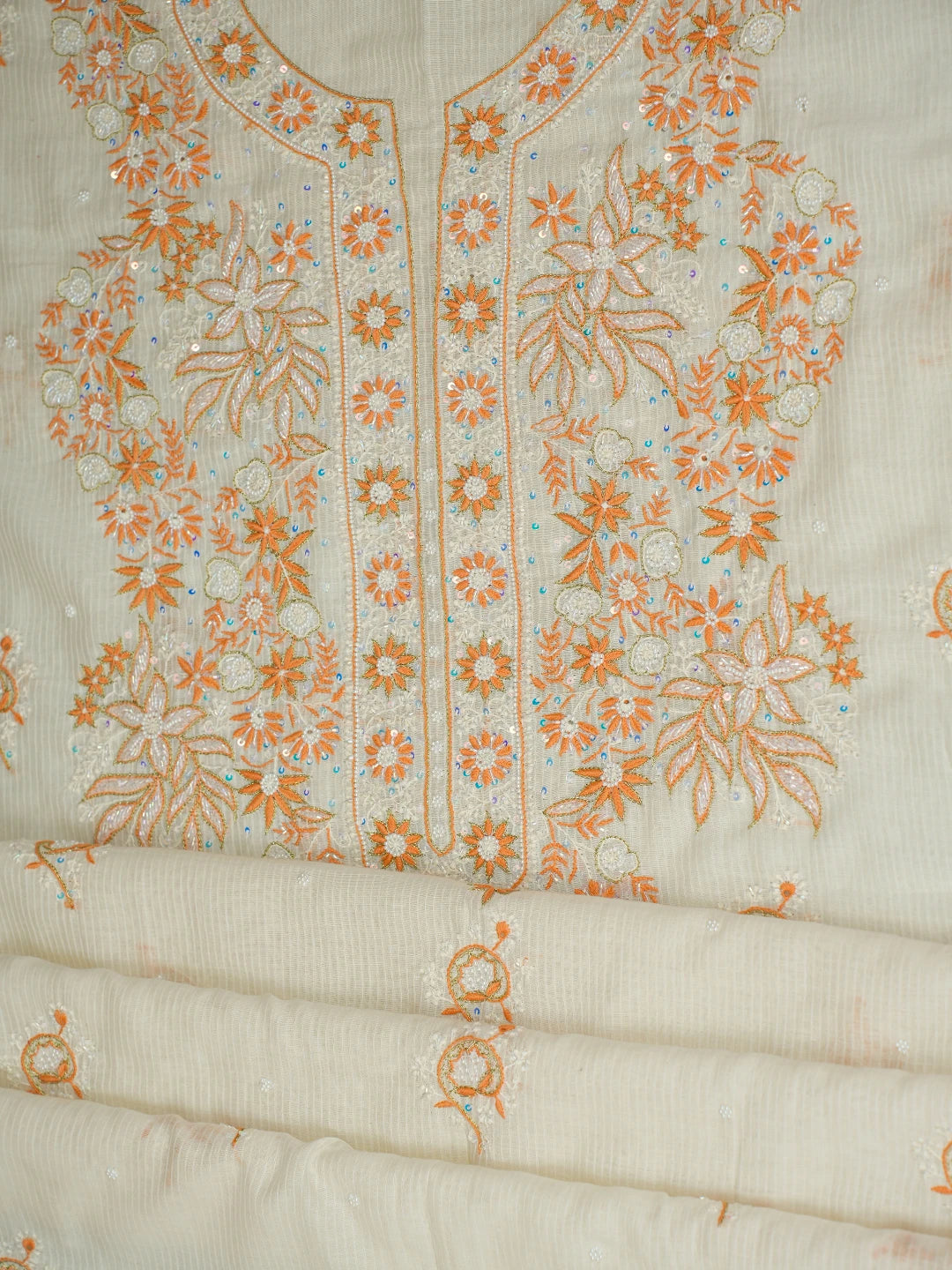 Ada Hand Embroidered Ivory White Chanderi Lucknowi Chikankari Unstitched Kurta Dupatta Set With Sequinned Work 01A752467