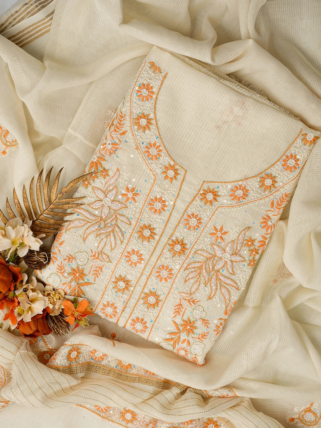 Ada Hand Embroidered Ivory White Chanderi Lucknowi Chikankari Unstitched Kurta Dupatta Set With Sequinned Work 01A752467