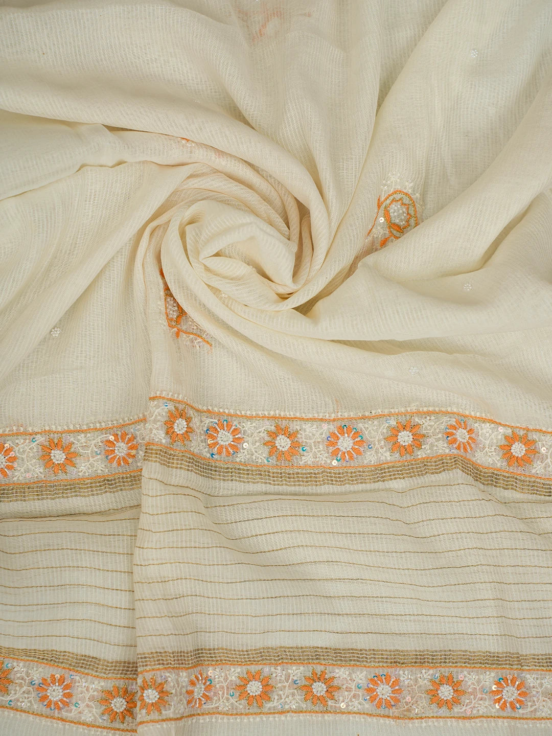 Ada Hand Embroidered Ivory White Chanderi Lucknowi Chikankari Unstitched Kurta Dupatta Set With Sequinned Work 01A752467