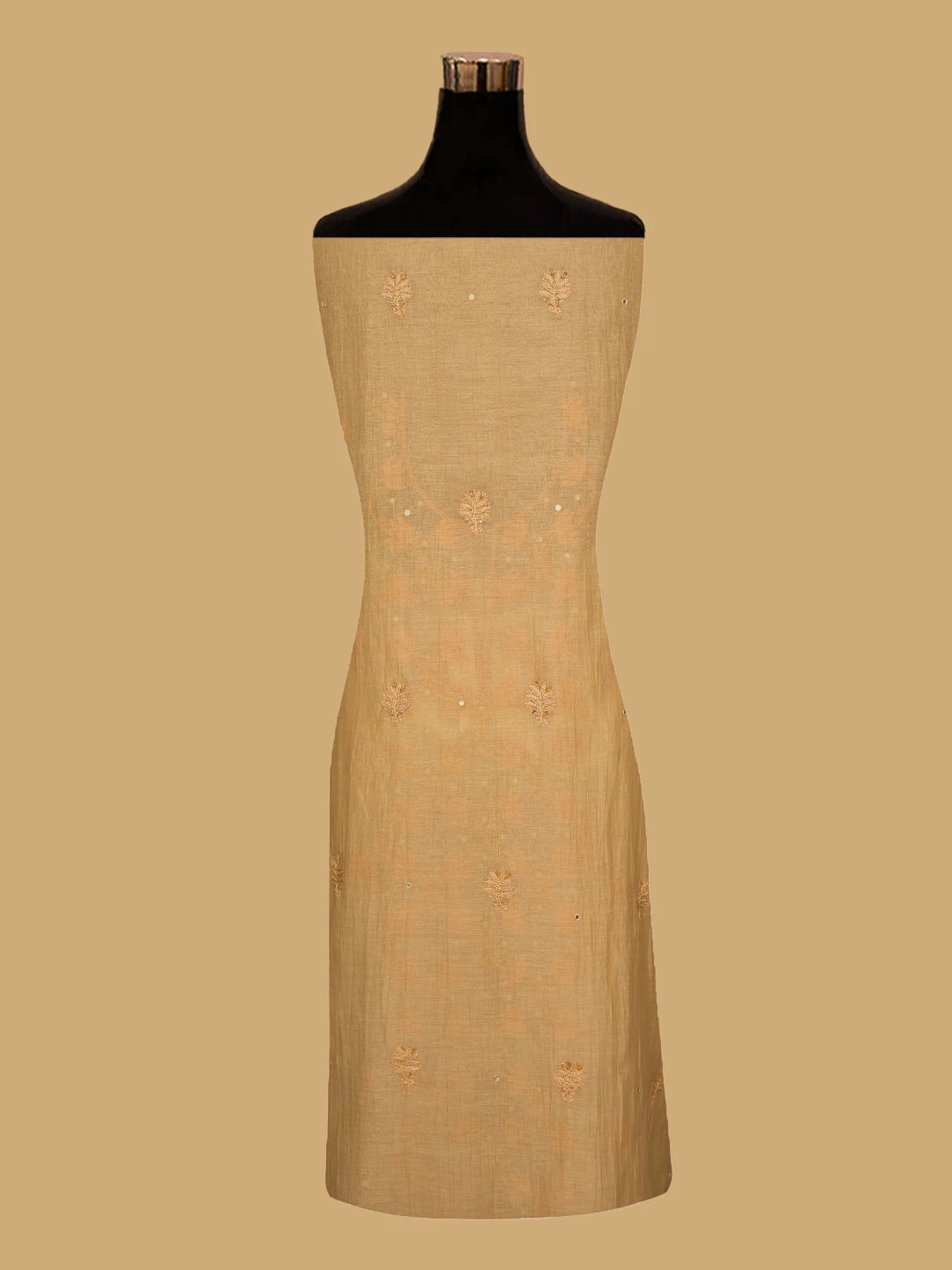 Ada Hand Embroidered Fawn Chanderi Lucknowi Chikankari Unstitched Kurta Dupatta Set With Mirror Work 01A701907