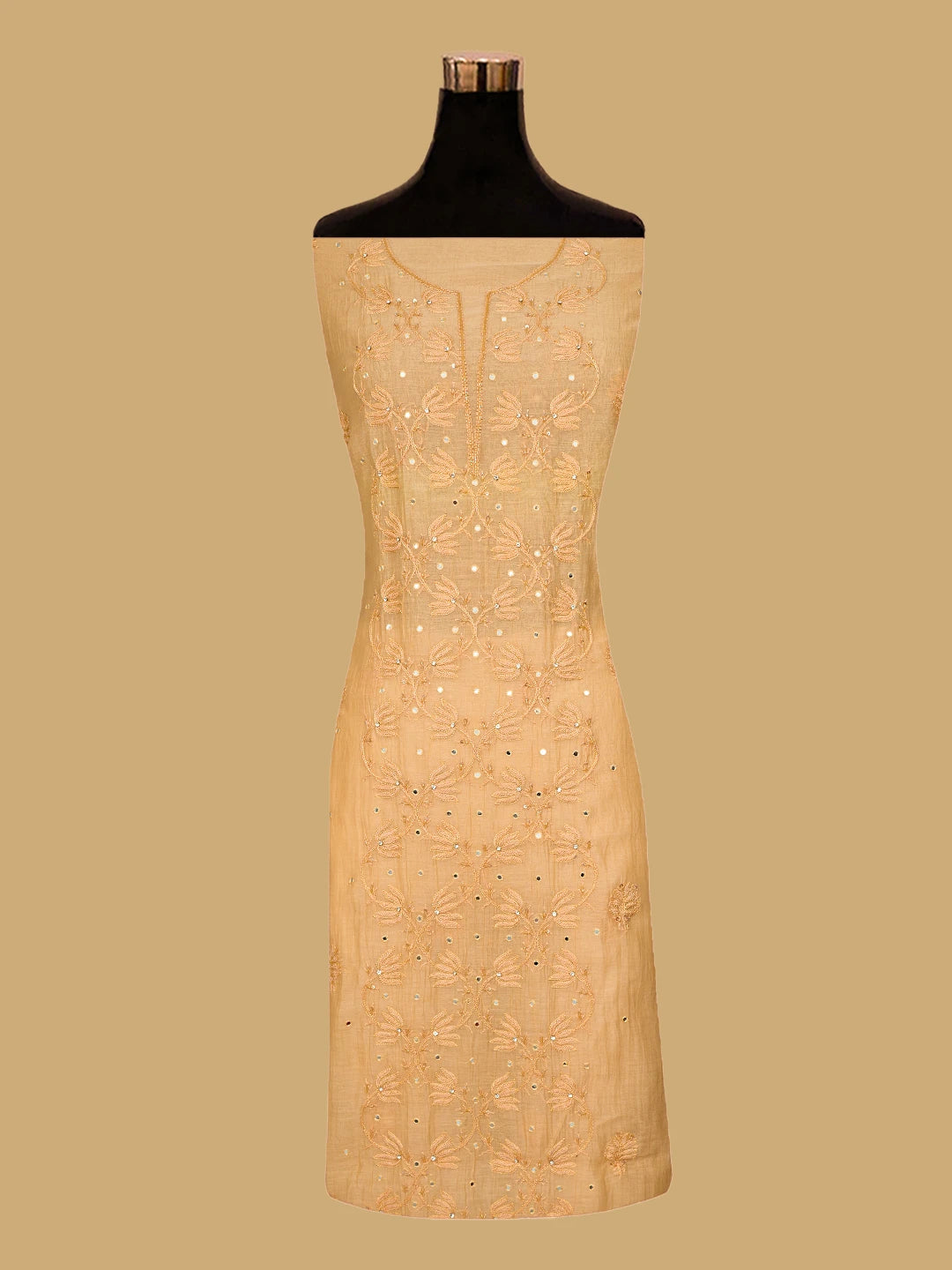 Ada Hand Embroidered Fawn Chanderi Lucknowi Chikankari Unstitched Kurta Dupatta Set With Mirror Work 01A701907