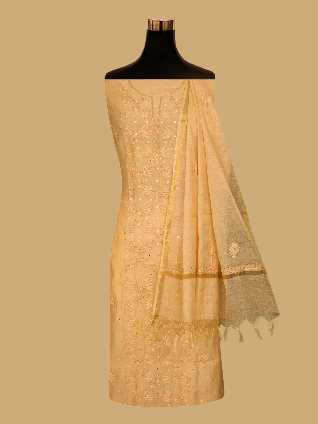 Ada Hand Embroidered Fawn Chanderi Lucknowi Chikankari Unstitched Kurta Dupatta Set With Mirror Work 01A701907