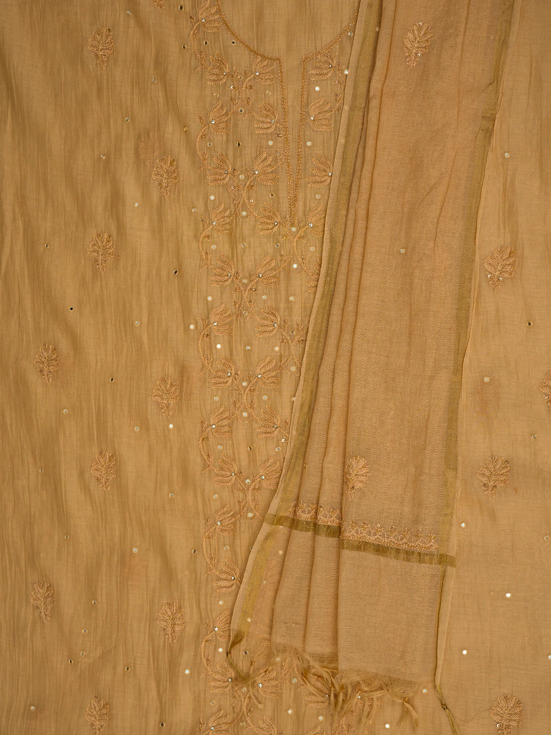 Ada Hand Embroidered Fawn Chanderi Lucknowi Chikankari Unstitched Kurta Dupatta Set With Mirror Work 01A701907