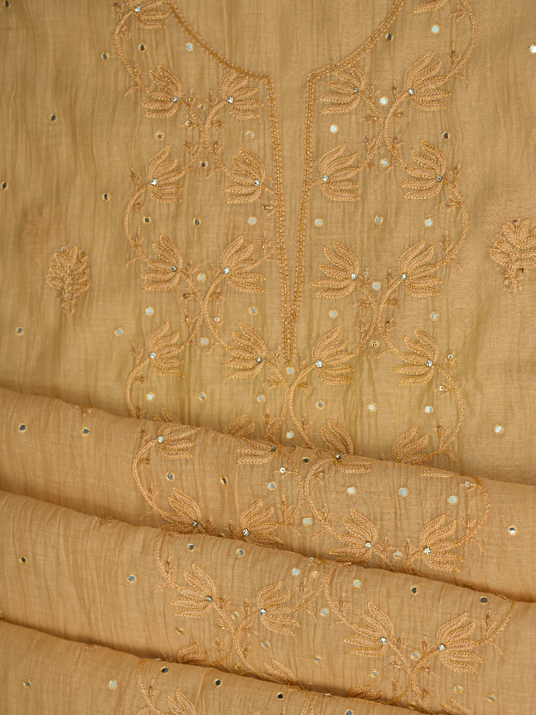 Ada Hand Embroidered Fawn Chanderi Lucknowi Chikankari Unstitched Kurta Dupatta Set With Mirror Work 01A701907