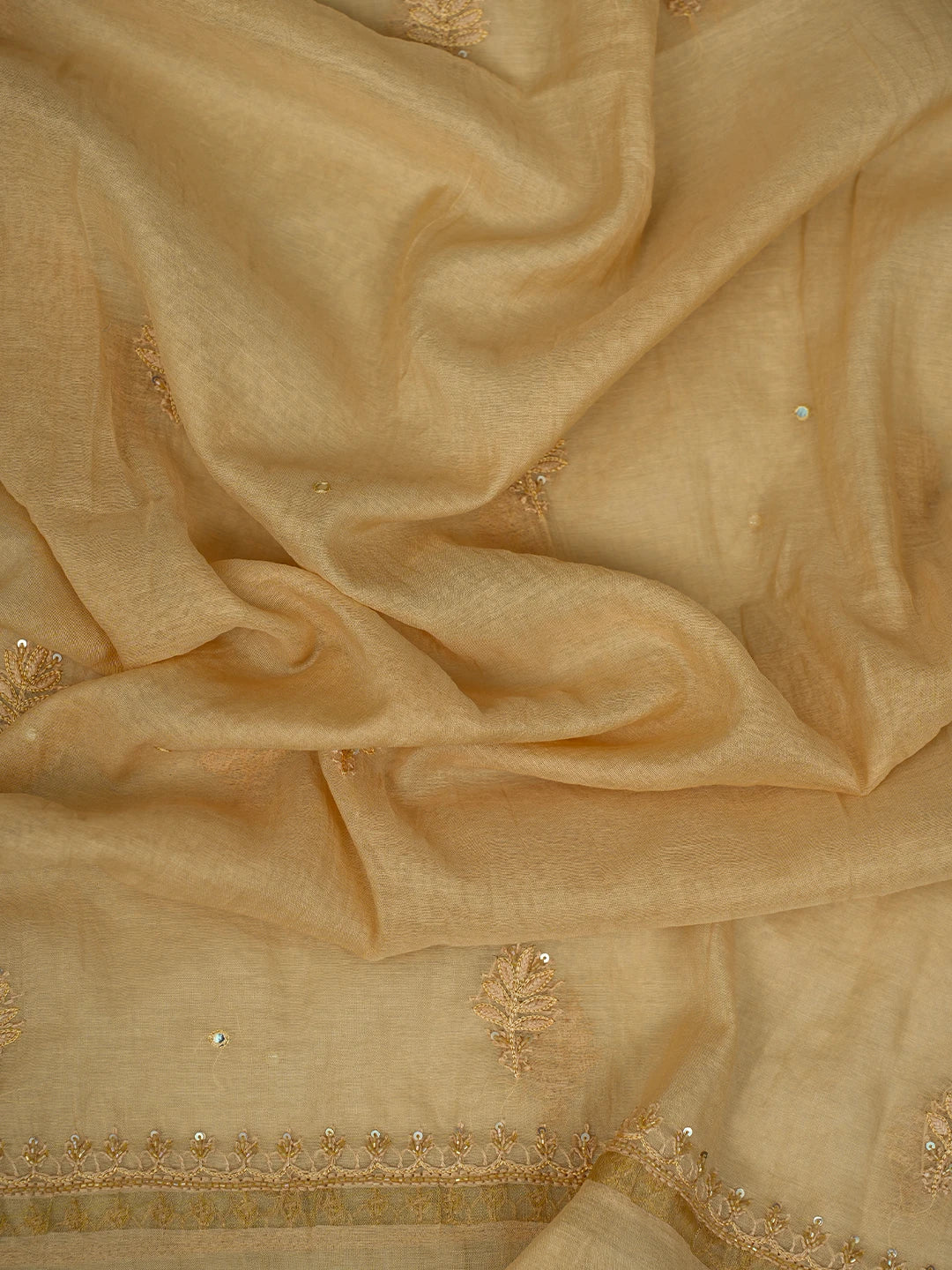 Ada Hand Embroidered Fawn Chanderi Lucknowi Chikankari Unstitched Kurta Dupatta Set With Mirror Work 01A701907