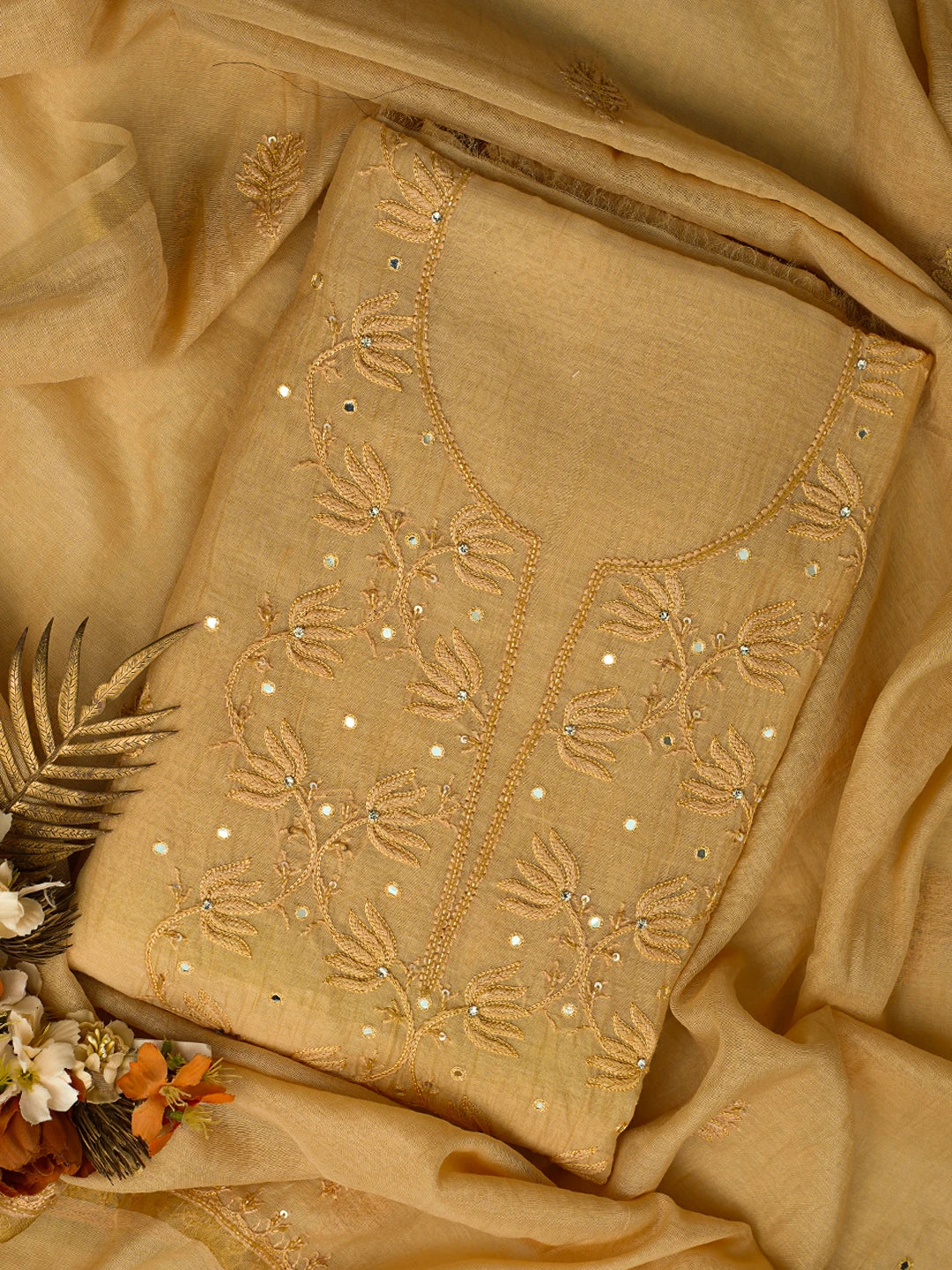 Ada Hand Embroidered Fawn Chanderi Lucknowi Chikankari Unstitched Kurta Dupatta Set With Mirror Work 01A701907