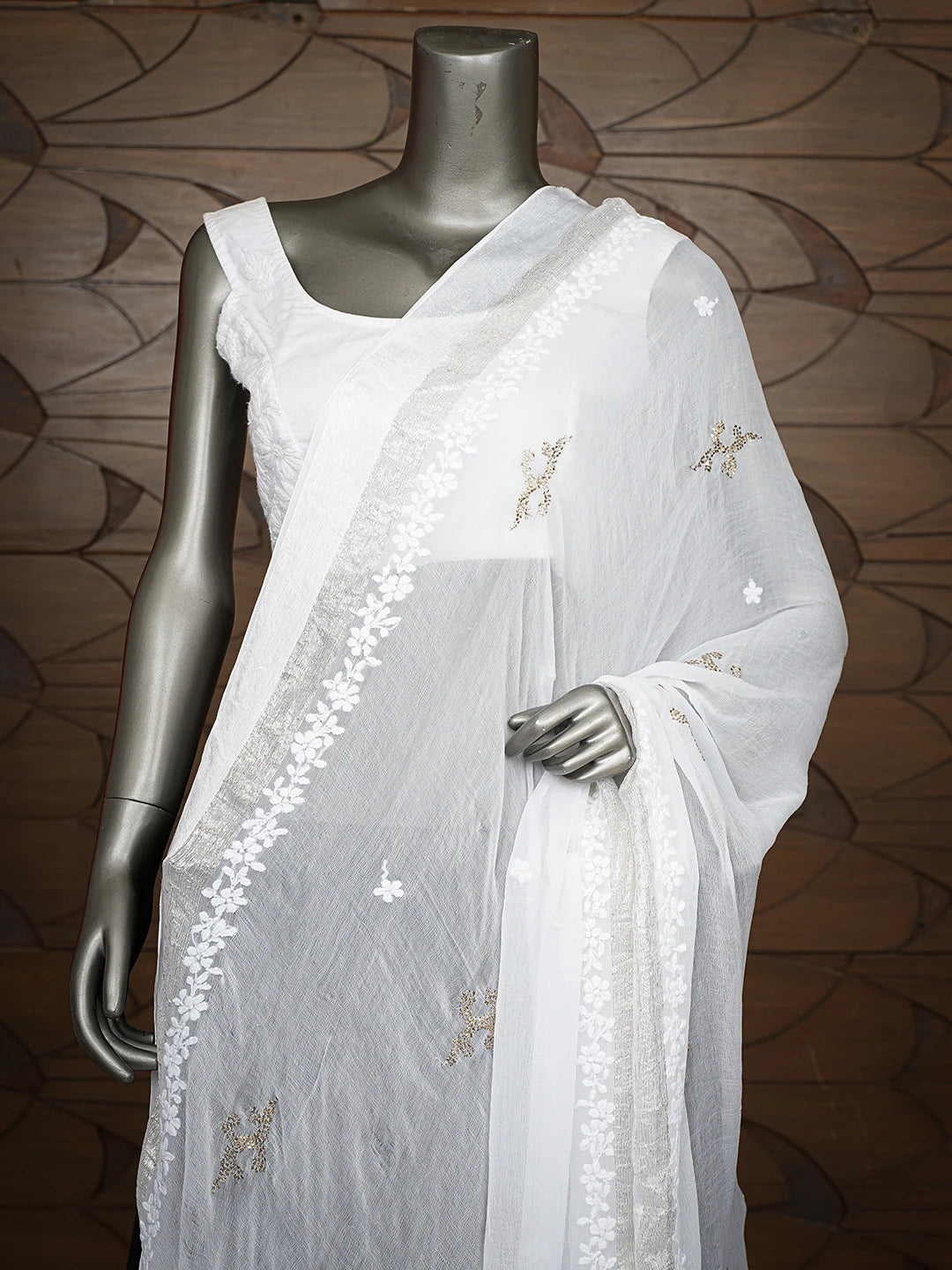 Ada Hand Embroidered White Chiffon Lucknowi Chikankari Dupatta With Mukaish Work 01A527491